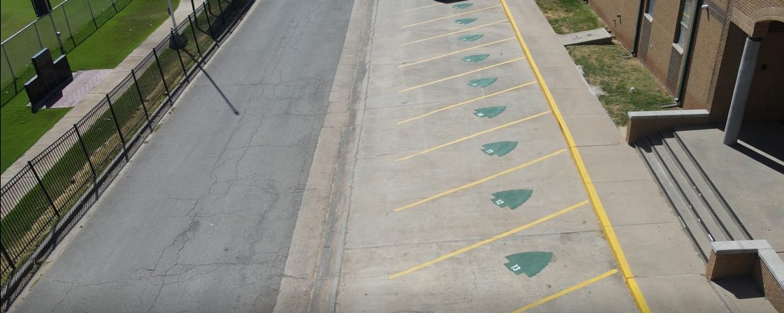 Custom green paw print stencils with numbers and fresh yellow stall lines by The Lot Doctor