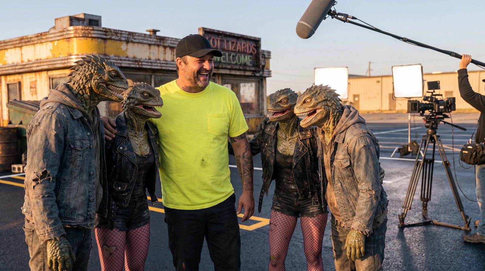 Dakota from The Lot Doctor on set with the Lot Lizards crew
