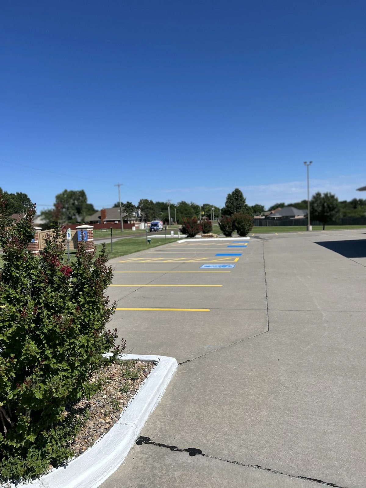 Fresh yellow parking lot striping and blue ADA markings by The Lot Doctor